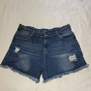Paper bag waist distressed denim shorts